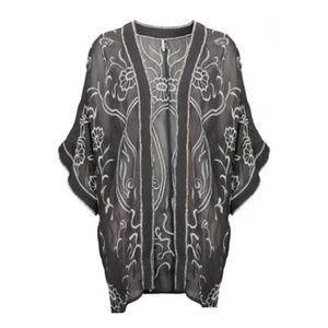 Boho Floral Embroidered Sheer Gray Women's Top Kimono Cover Up Cardigan Blouse 2